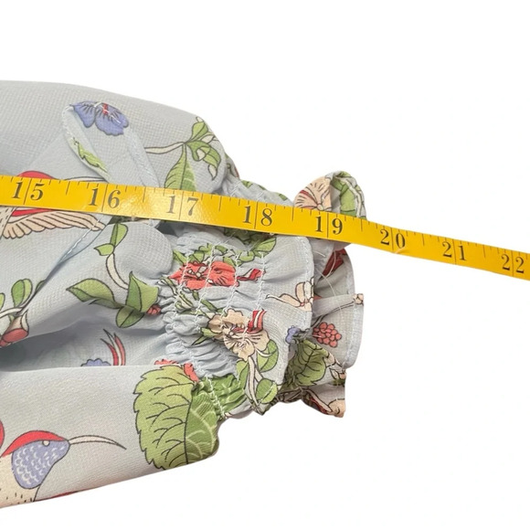 Nanette Lepore Blue Floral Bird Sheer Blouse Large Business Casual Elastic Waist - Picture 8 of 10